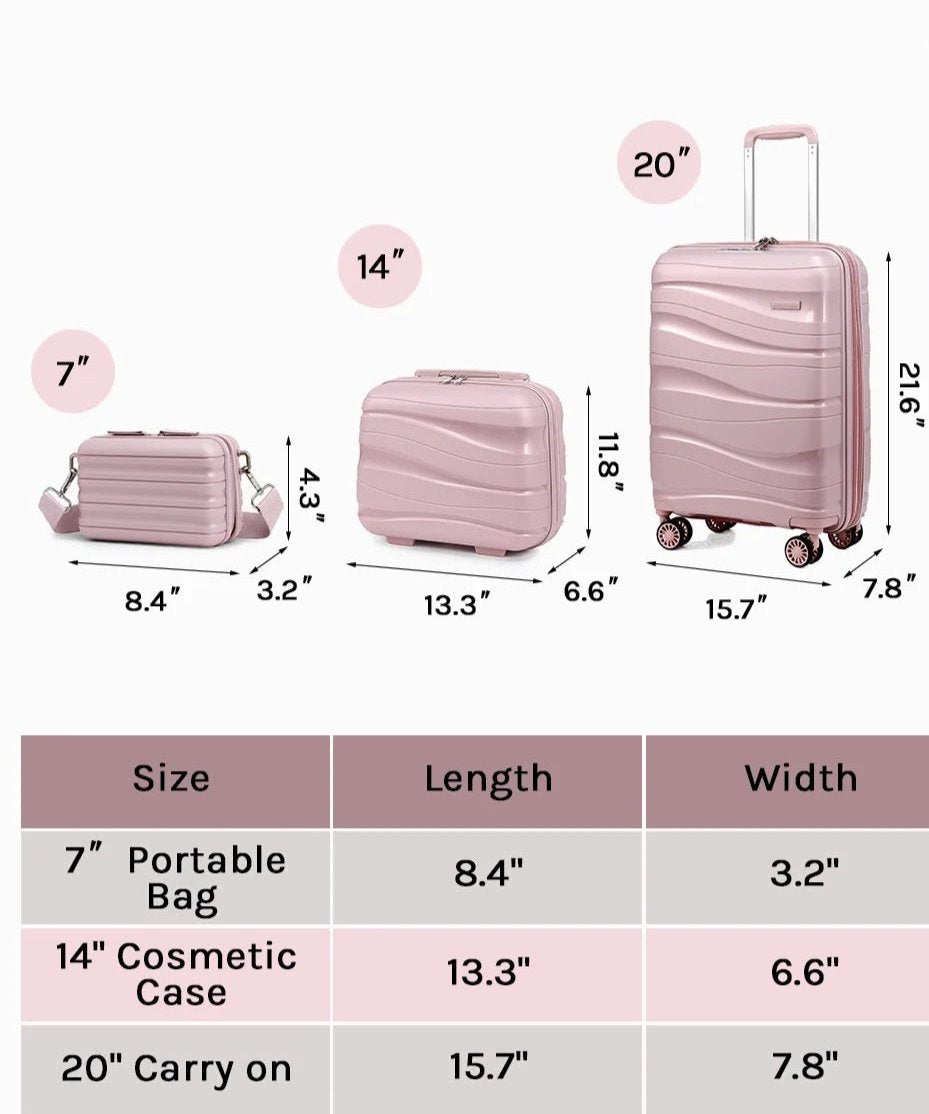 3-Piece Carry-On Luggage Set PP Material Suitcase with Spinner Wheels Hardside TSA Lock(Rose-Gold)