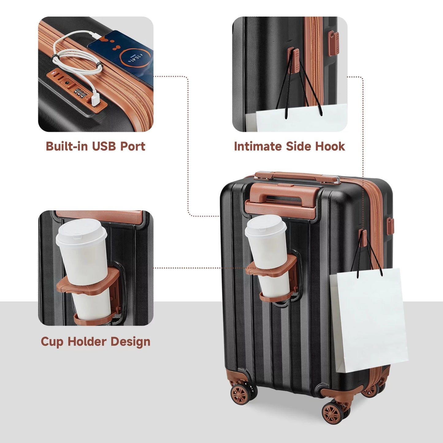 Luggage Sets Expandable Hard 18 Inch Carry-On Luggage USB Port Cup Holder TSA Lock Suitcase