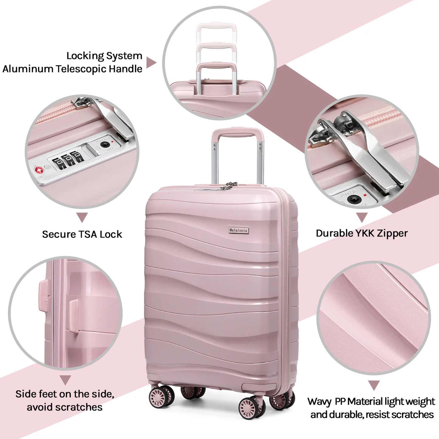 3-Piece Carry-On Luggage Set PP Material Suitcase with Spinner Wheels Hardside TSA Lock(Rose-Gold)