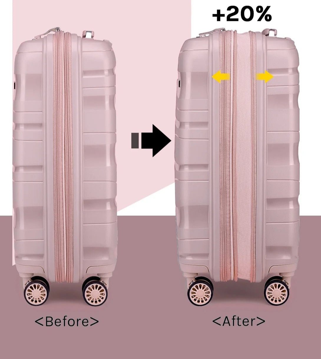 3-Piece Carry-On Luggage Set PP Material Suitcase with Spinner Wheels Hardside TSA Lock(Rose-Gold)