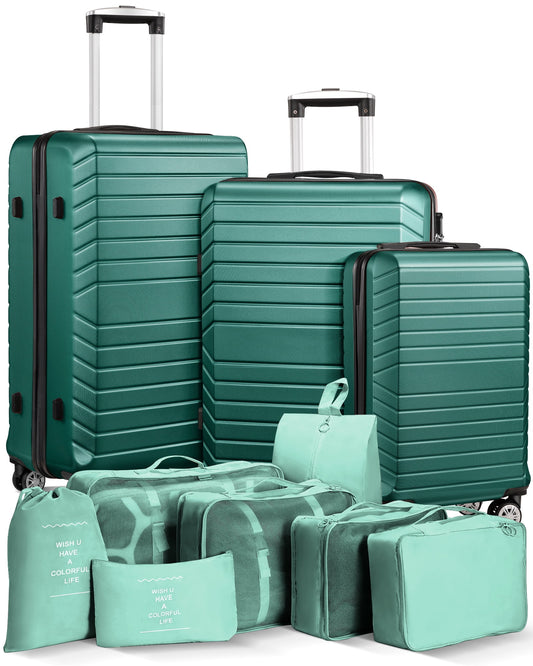 3 Piece Luggage Sets Travel Suitcase Set with 7PCS Organizer Bags, Green