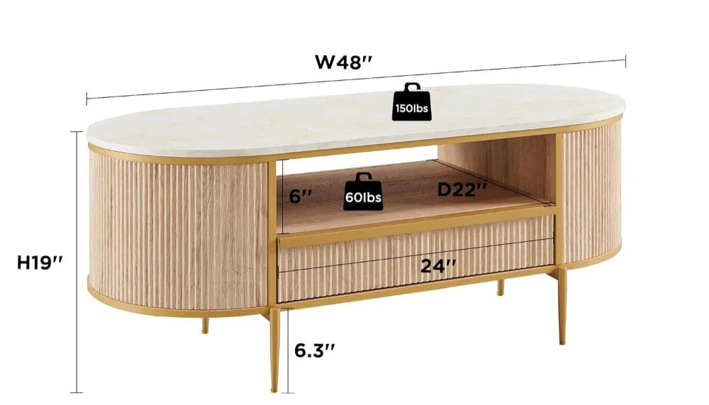 The Command Coffee Table Marble Top with Fluted Panels and Gold Legs