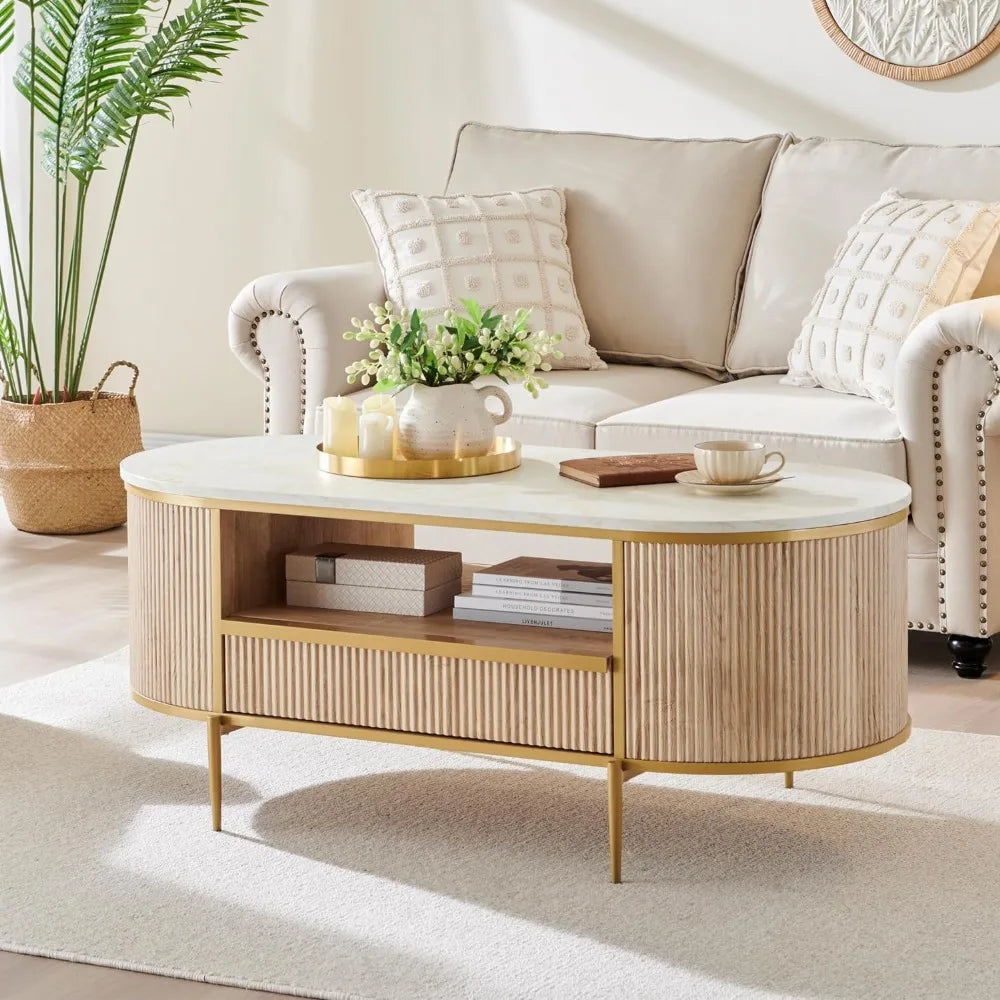 The Command Coffee Table Marble Top with Fluted Panels and Gold Legs