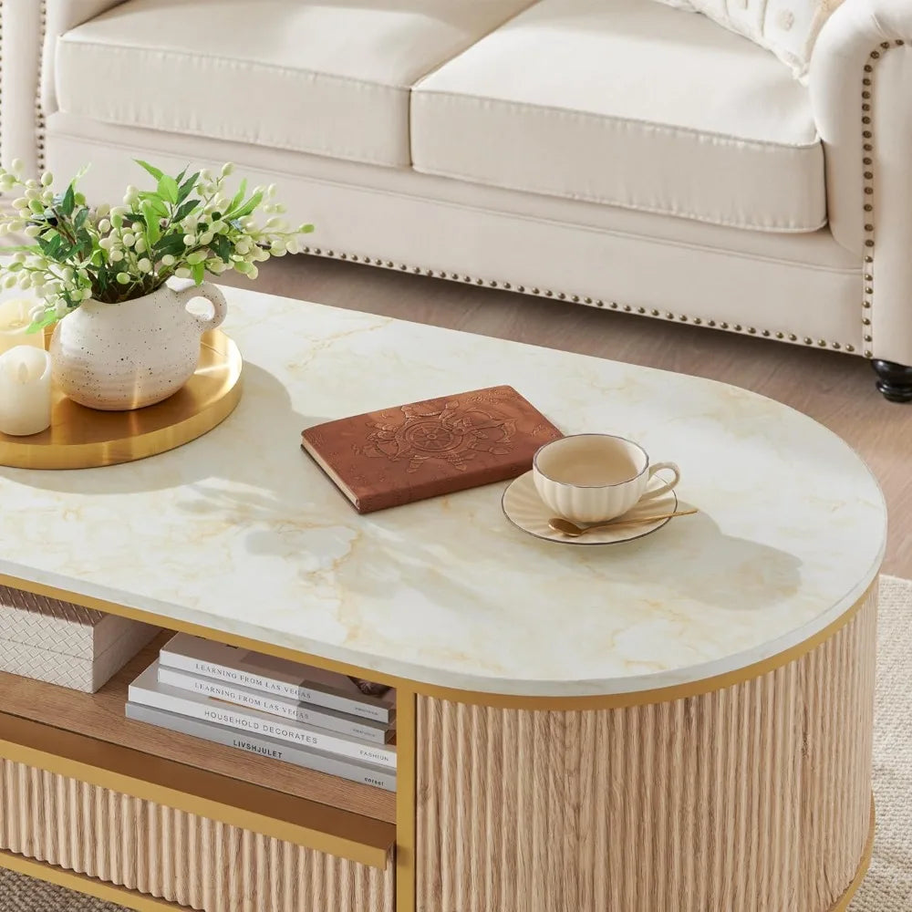 The Command Coffee Table Marble Top with Fluted Panels and Gold Legs