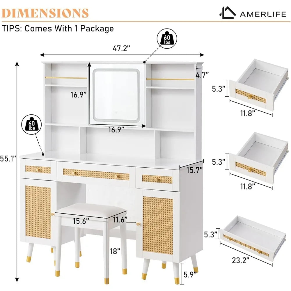 The Radiance Rattan Vanity Set with Tri-LED Settings