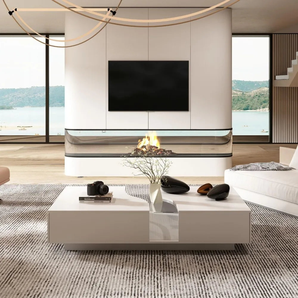 The Mogul Aura Table Modern Coffee Table with Lights & Glass Tabletop with 2 Drawers