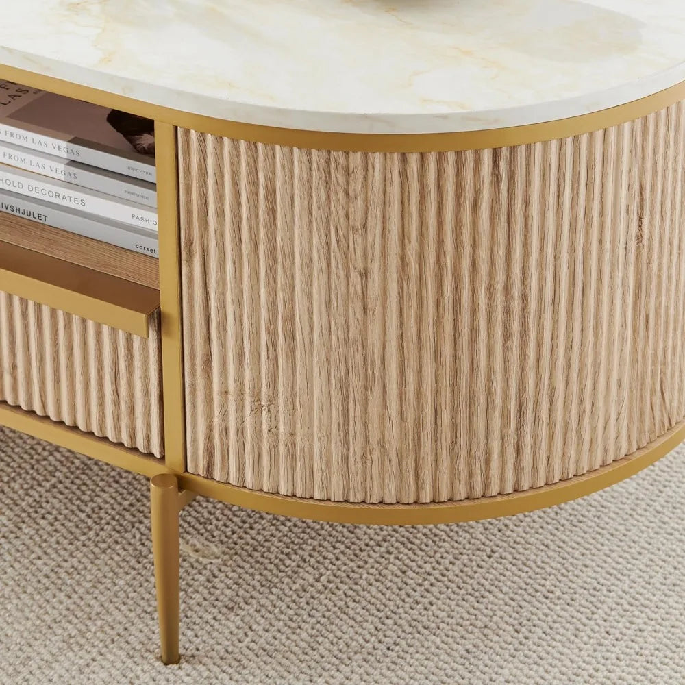 The Command Coffee Table Marble Top with Fluted Panels and Gold Legs