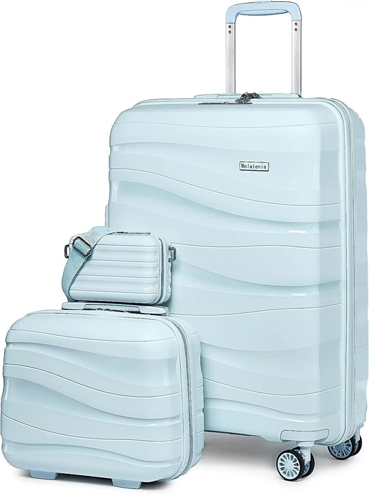 3-Piece Carry-On Luggage Set PP Material Suitcase with Spinner Wheels Hardside TSA Lock(Light-Blue)