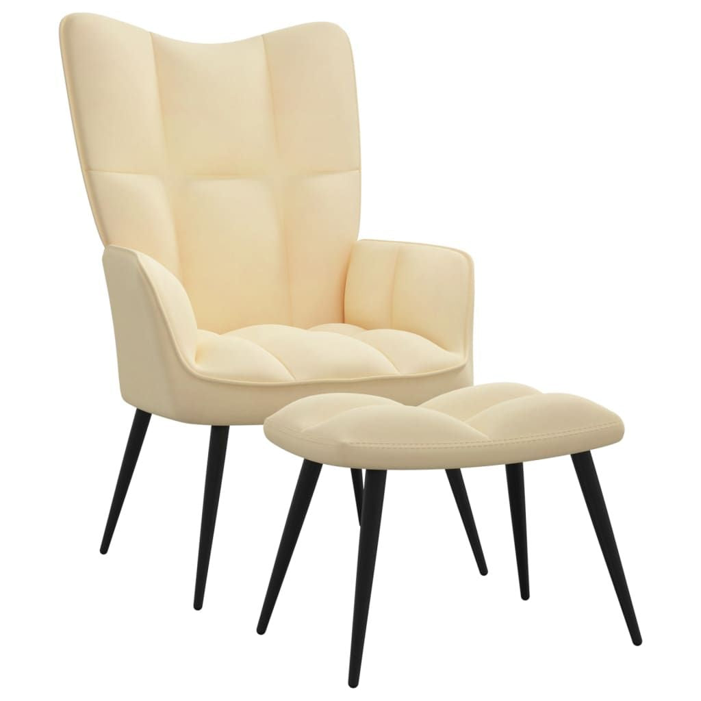 Relaxing Chair with a Stool Cream White Velvet