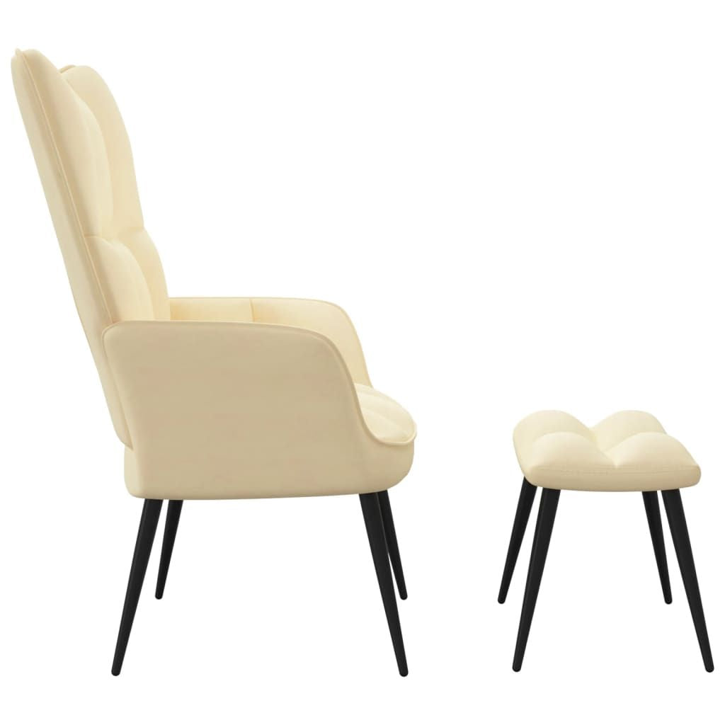 Relaxing Chair with a Stool Cream White Velvet