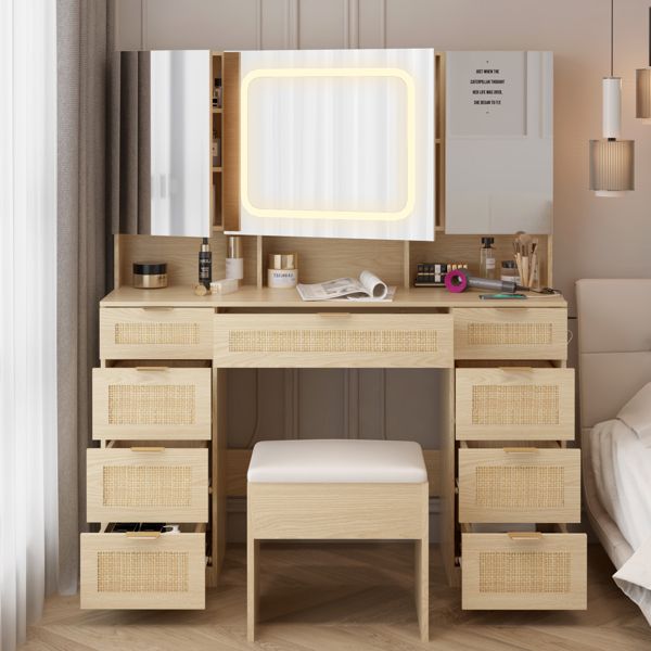 The Serene Radiance Vanity Set with Tri-Fold LED Mirrors