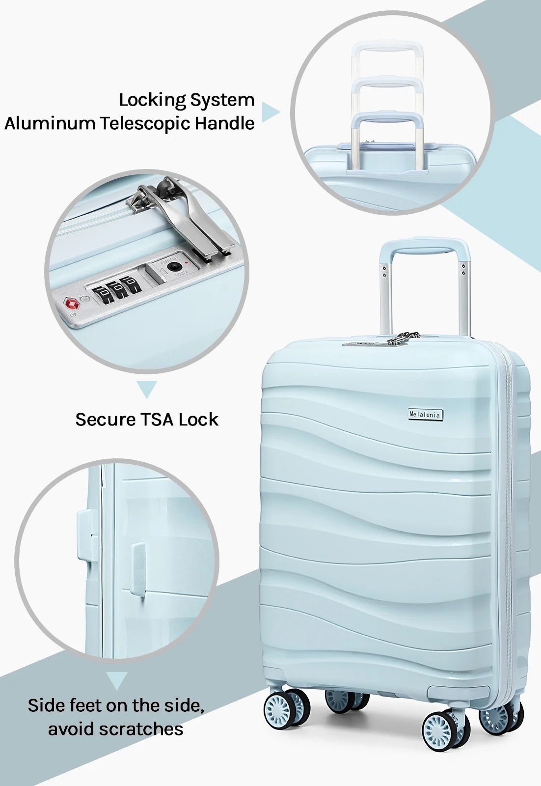 - 5 Luggage Sets PP Hardside Spinner Luggage - (Expandable Carry-On Suitcase20")(24" 28")-Light Blue